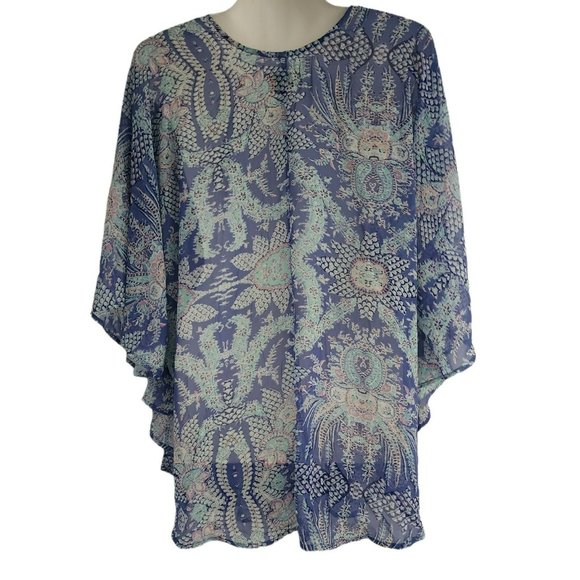 Show Me Your Mumu Floral Flowy Batwing "Moon" Tunic Top Blue/White Size X-Small - Picture 3 of 9